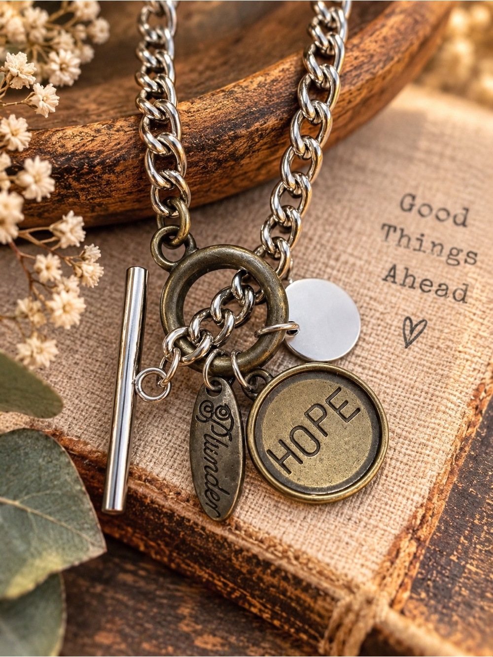 Plunder Design "Hopeful" Mixed Metal Toggle Charm Necklace - 20"